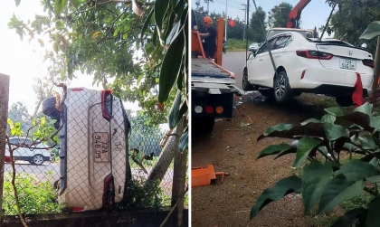 Ảnh TNG: Honda City phóng như đua xe, lật người sau khi đâm cột điện