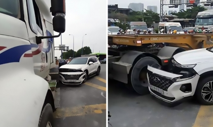 Ảnh TNGT: Hyundai Santa Fe 51H 61602 gãy tan mũi xe vì bon chen với xe đầu kéo