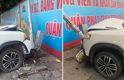 Ảnh TNGT: Không làm chủ tốc độ, tài xế BAIC Q7 BKS 12A 12537 lao lên vỉa hè đâm gục cột điện