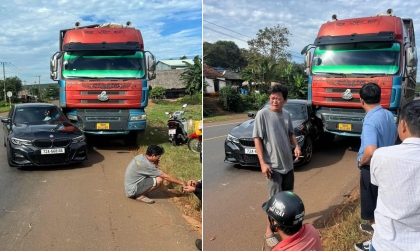 Ảnh TNGT: Sang đường, BMW bị xe tải đâm từ phía sau