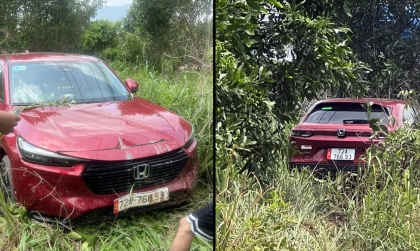 Ảnh TNGT: Mất lái, tài xế Honda HR-V 72A 76693 lao ra vệ đường, húc đổ cọc tiêu