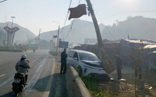 Ảnh TNGT: Vào cua mất lái, VinFast Limo Green chưa đeo biển đâm thẳng cột điện