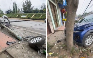 Clip TNGT: VinFast VF 5 phóng tốc độ cao, hạ gục cột điện