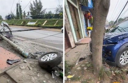 Clip TNGT: VinFast VF 5 phóng tốc độ cao, hạ gục cột điện