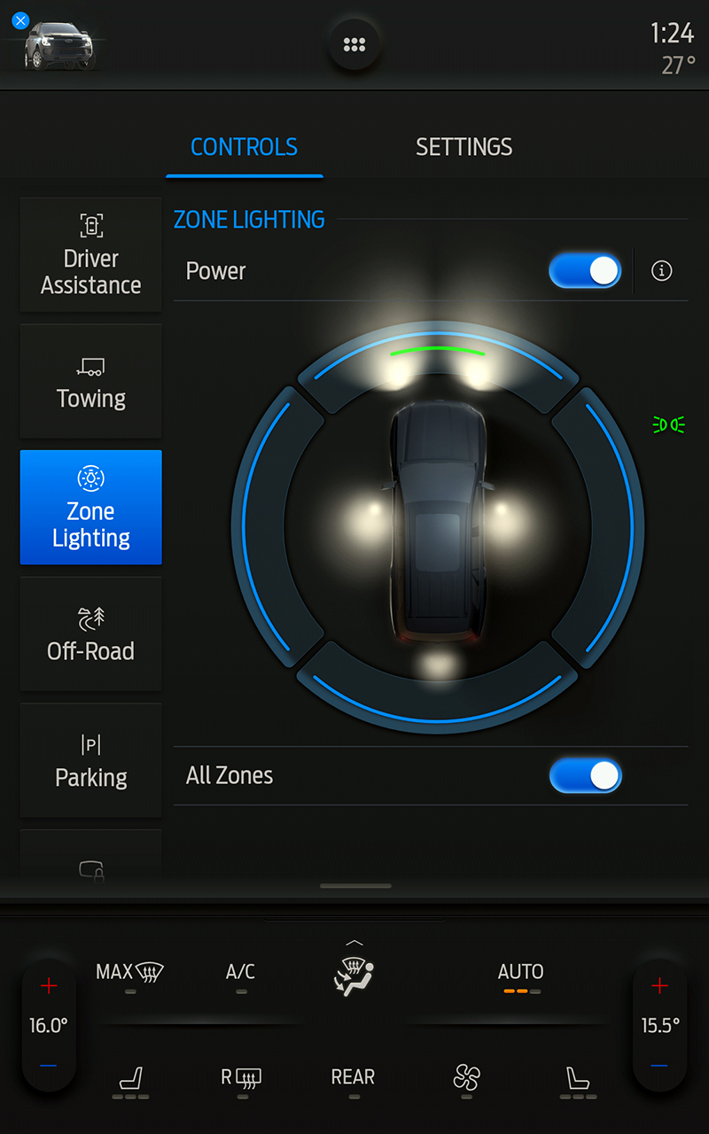 Tính năng Zone Lighting này có thể kích hoạt thông qua màn hình SYNC® hoặc ứng dụng FordPass™ trên điện thoại thông minh. Thế giới Phương tiệ